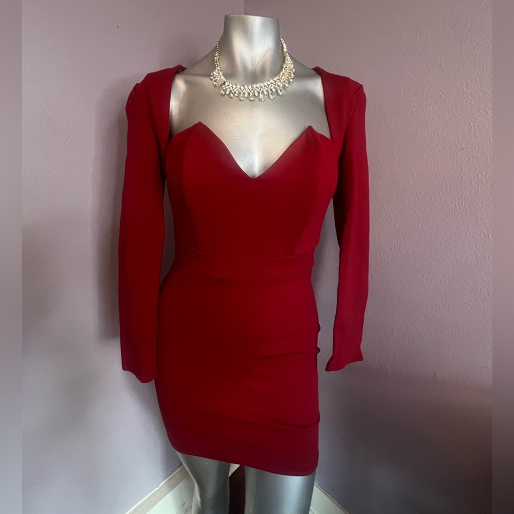 Fashion Nova Red Long-Sleeve Sweetheart Bodycon Dress